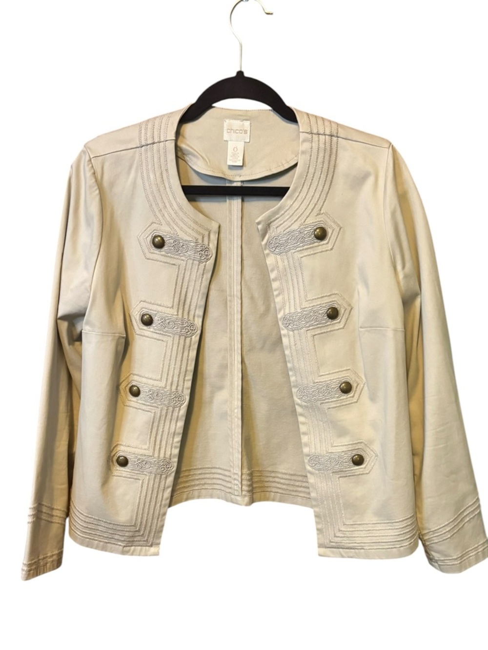 Chico’s Embroidered Military Jacket Beige Size 0 Cropped Open Front